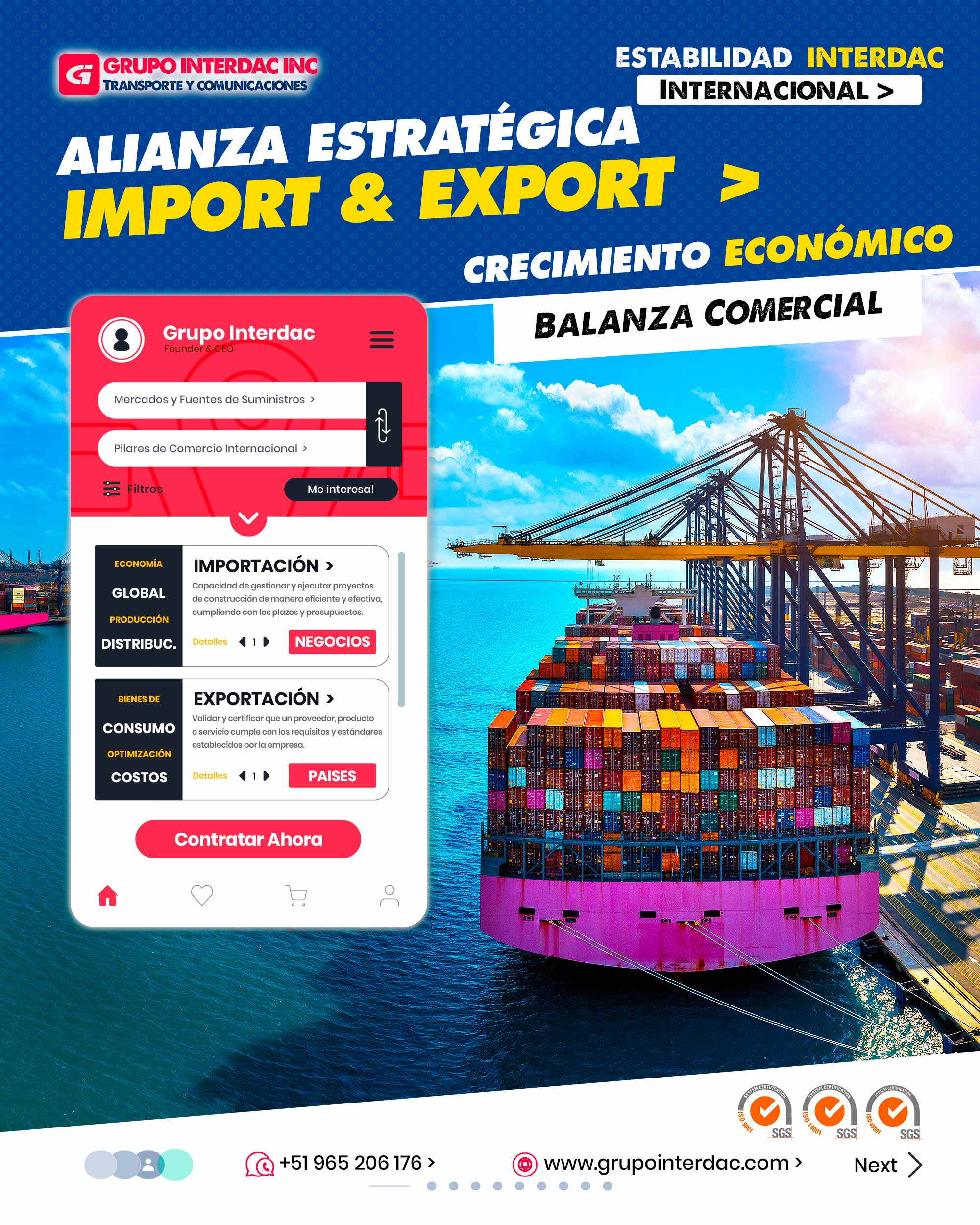 Comercio Internacional: Importación y exportación son pilares del comercio internacional. Diversificación: Permite a las empresas diversificar mercados y fuentes de suministro. Acceso a Recursos: Importación brinda acceso a recursos y materias primas no disponibles localmente. Oportunidades de Negocio: Exportación expande oportunidades y alcance de ventas. Crecimiento Económico: Contribuye al crecimiento económico de los países. Transferencia de Tecnología: Importar productos tecnológicos favorece la transferencia de conocimiento. Generación de Empleo: Fomenta empleo en sectores de producción y distribución. Competitividad: Importar insumos mejora competitividad de productos finales. Diversificación de Ingresos: Exportar diversifica fuentes de ingresos de un país. Balanza Comercial: Importaciones y exportaciones influyen en la balanza comercial. La empresa Grupo Interdac Inc tiene un compromiso ambiental sostenible para la optimización de recursos naturales a través de herramientas computacionales en beneficio del planeta. Nuestra empresa es lider en creación de herramientas digitales para empresas transnacionales dedicadas al sector industria y de recolección y transporte de residuos solidos.