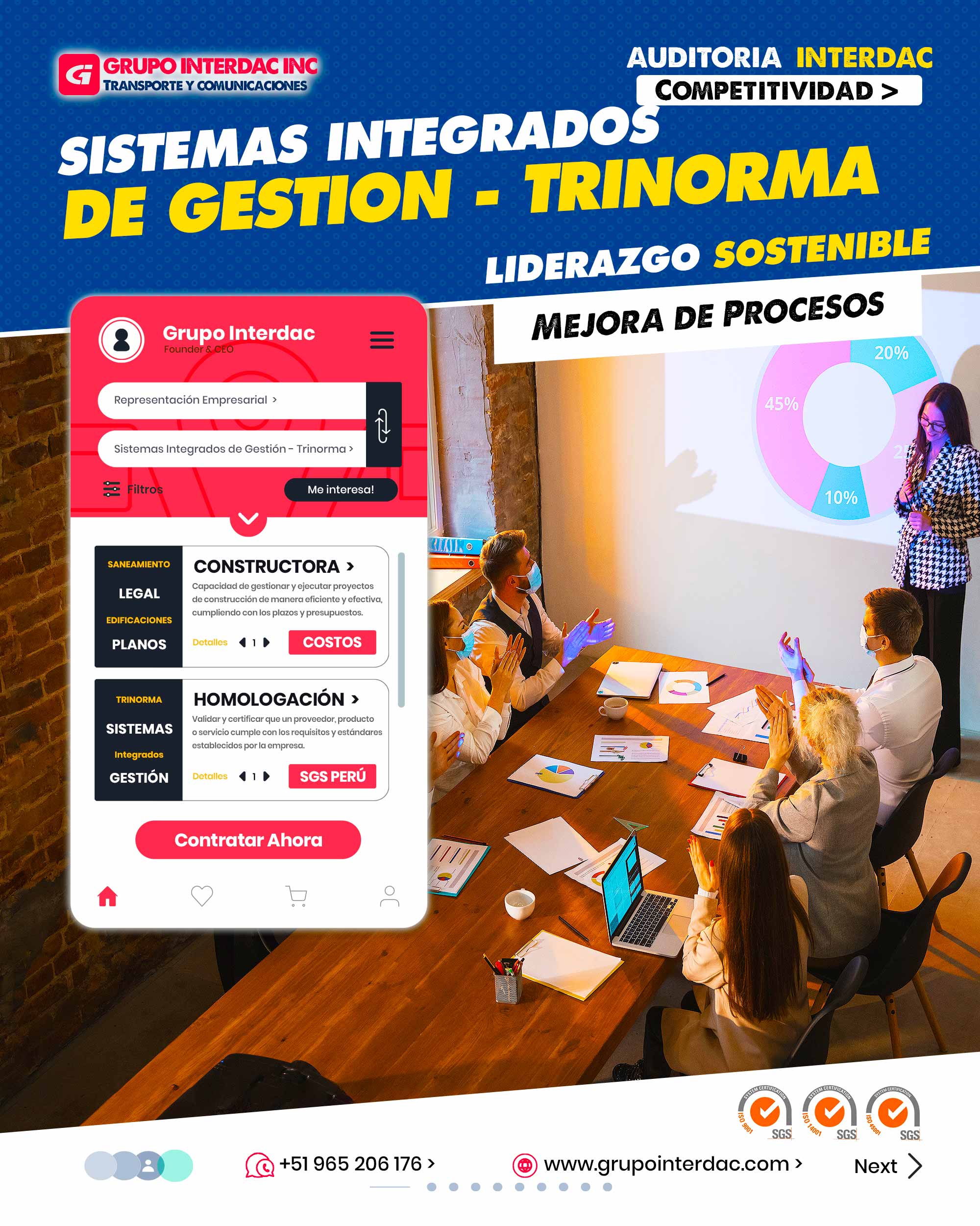 Integración: La homologación se puede integrar con sistemas de gestión como ISO 9001 y otros estándares. Confianza del Cliente: Los clientes confían en productos y servicios homologados por su calidad y confiabilidad. Sostenibilidad: Puede incluir criterios de sostenibilidad para fomentar prácticas responsables en la construcción. Innovación: Fomenta la innovación al establecer estándares que deben ser cumplidos mediante nuevas tecnologías y métodos. Coherencia: Ayuda a evitar la disparidad entre diferentes productos y servicios similares. Reducción de Errores: Al seguir procesos homologados, se reducen los errores y defectos. Protección del Consumidor: Garantiza que los consumidores reciban productos y servicios de alta calidad. Optimización de Recursos: Al estandarizar procesos, se pueden optimizar recursos como tiempo y materiales. Gestión de Riesgos: Contribuye a una mejor gestión de riesgos al asegurar que los productos sean seguros y confiables. Competitividad: La certificación en Trinorma puede ser un diferenciador competitivo. Promoción de Valores: Fomenta valores como ética, seguridad y cuidado ambiental. Revisión de Riesgos y Oportunidades: ISO 9001 requiere revisión sistemática de riesgos y oportunidades. La empresa Grupo Interdac Inc tiene un compromiso ambiental sostenible para la optimización de recursos naturales a través de herramientas computacionales en beneficio del planeta. Nuestra empresa es lider en creación de herramientas digitales para empresas transnacionales dedicadas al sector industria y de recolección y transporte de residuos solidos.