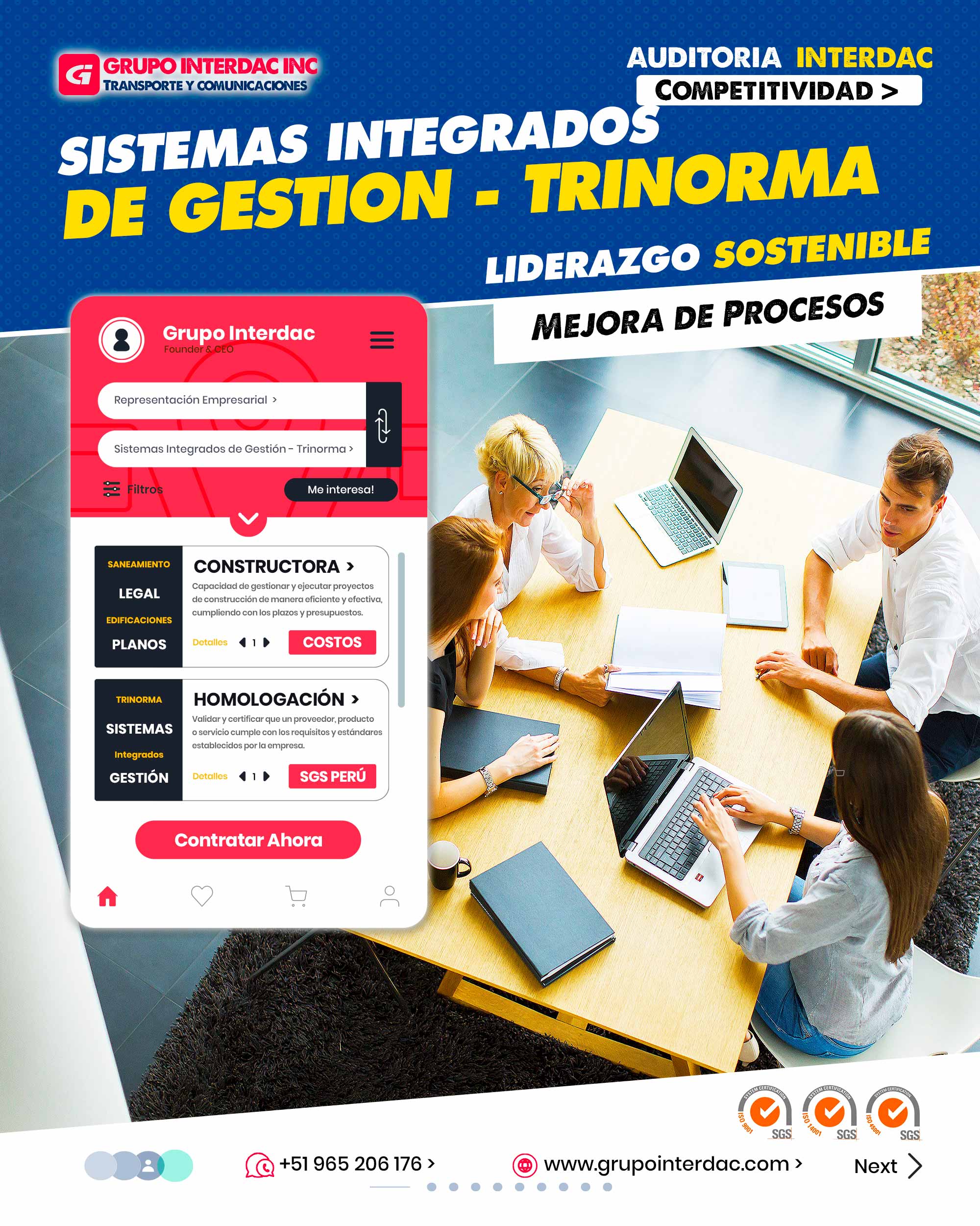 Coherencia: Ayuda a evitar la disparidad entre diferentes productos y servicios similares. Reducción de Errores: Al seguir procesos homologados, se reducen los errores y defectos. Protección del Consumidor: Garantiza que los consumidores reciban productos y servicios de alta calidad. Optimización de Recursos: Al estandarizar procesos, se pueden optimizar recursos como tiempo y materiales. Gestión de Riesgos: Contribuye a una mejor gestión de riesgos al asegurar que los productos sean seguros y confiables. Mejora de Imagen: Una empresa que cumple con la homologación muestra compromiso con la calidad y la excelencia. Facilita la Toma de Decisiones: Los estándares homologados proporcionan información para decisiones informadas. Agilidad en Proyectos: Los procesos homologados pueden acelerar la ejecución de proyectos al tener directrices claras. Documentación Adecuada: La homologación requiere documentación adecuada de procesos y productos. Identificación de Peligros: ISO 45001 requiere identificación y control de peligros laborales. Mejora de Imagen: Cumplir con normas mejora la imagen de la organización ante clientes y stakeholders. Liderazgo en Sostenibilidad: La Trinorma demuestra liderazgo en sostenibilidad y responsabilidad corporativa. La empresa Grupo Interdac Inc tiene un compromiso ambiental sostenible para la optimización de recursos naturales a través de herramientas computacionales en beneficio del planeta. Nuestra empresa es lider en creación de herramientas digitales para empresas transnacionales dedicadas al sector industria y de recolección y transporte de residuos solidos.