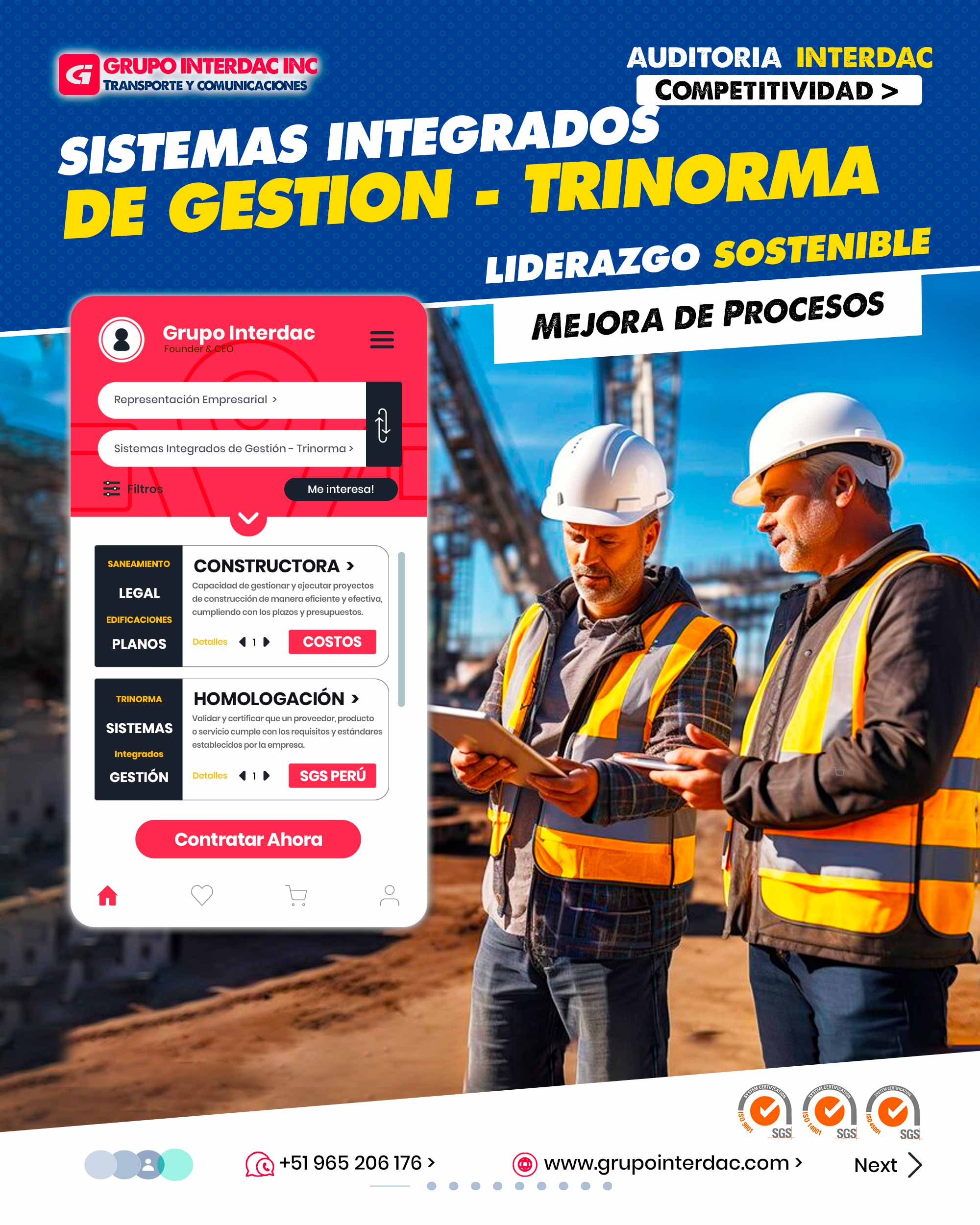 Gestión de Riesgos: Contribuye a una mejor gestión de riesgos al asegurar que los productos sean seguros y confiables. Mejora de Imagen: Una empresa que cumple con la homologación muestra compromiso con la calidad y la excelencia. Facilita la Toma de Decisiones: Los estándares homologados proporcionan información para decisiones informadas. Agilidad en Proyectos: Los procesos homologados pueden acelerar la ejecución de proyectos al tener directrices claras. Documentación Adecuada: La homologación requiere documentación adecuada de procesos y productos. Coordinación Interdepartamental: Requiere colaboración entre diferentes áreas para asegurar la homologación. Cultura de Mejora: Promueve una cultura de mejora continua en la organización. Apertura a Mercados Internacionales: La homologación puede abrir oportunidades para la exportación de productos. Cumplimiento Ético: Contribuye a una operación ética al cumplir con estándares y regulaciones. Protección Ambiental: ISO 14001 enfoca en la protección del ambiente y prevención de contaminación. Involucramiento de Empleados: La Trinorma incentiva la participación de empleados en la mejora continua. Reducción de Accidentes: ISO 45001 busca reducir accidentes y enfermedades laborales. La empresa Grupo Interdac Inc tiene un compromiso ambiental sostenible para la optimización de recursos naturales a través de herramientas computacionales en beneficio del planeta. Nuestra empresa es lider en creación de herramientas digitales para empresas transnacionales dedicadas al sector industria y de recolección y transporte de residuos solidos.