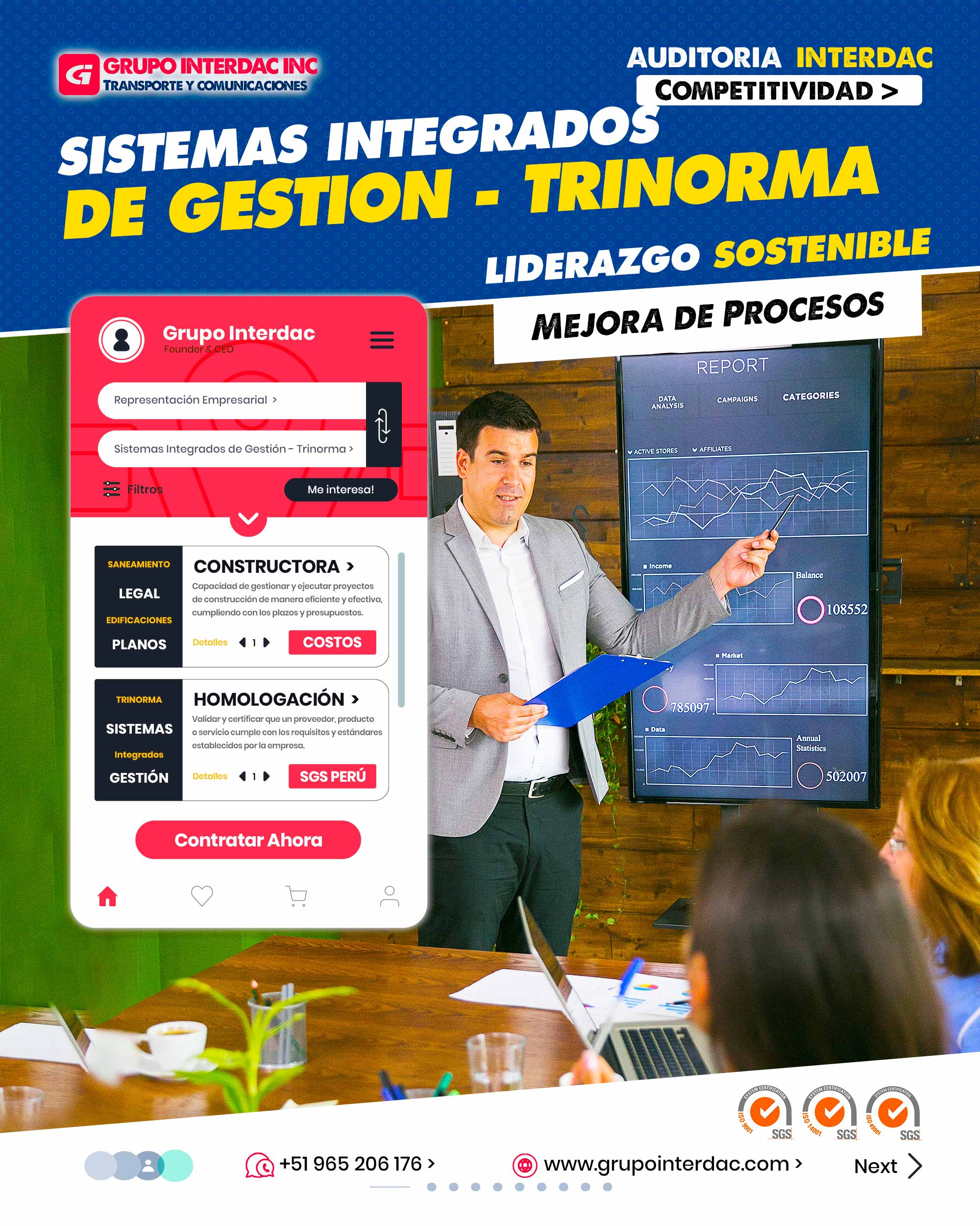 Responsabilidad Social: La seguridad laboral y el cuidado ambiental demuestran responsabilidad social. Conciencia Ambiental: La Trinorma promueve la sensibilización ambiental entre los colaboradores. Planificación Estratégica: Requiere una planificación estratégica que aborde calidad, seguridad y ambiente. Coherencia Interna: La integración mejora la coherencia en objetivos y procesos internos. Cumplimiento con Clientes: ISO 9001 asegura que los productos/servicios cumplen con expectativas de los clientes. Comunicación Efectiva: La Trinorma enfatiza la comunicación efectiva interna y externa. Protección Ambiental: ISO 14001 enfoca en la protección del ambiente y prevención de contaminación. Involucramiento de Empleados: La Trinorma incentiva la participación de empleados en la mejora continua. Reducción de Accidentes: ISO 45001 busca reducir accidentes y enfermedades laborales. Identificación de Peligros: ISO 45001 requiere identificación y control de peligros laborales. Mejora de Imagen: Cumplir con normas mejora la imagen de la organización ante clientes y stakeholders. Liderazgo en Sostenibilidad: La Trinorma demuestra liderazgo en sostenibilidad y responsabilidad corporativa. Competitividad: La certificación en Trinorma puede ser un diferenciador competitivo. Promoción de Valores: Fomenta valores como ética, seguridad y cuidado ambiental. Revisión de Riesgos y Oportunidades: ISO 9001 requiere revisión sistemática de riesgos y oportunidades. Mitigación de Impactos Ambientales: ISO 14001 busca minimizar los impactos ambientales negativos. Mejora de Procesos: ISO 9001 mejora la eficacia de procesos y la eficiencia en el uso de recursos. La empresa Grupo Interdac Inc tiene un compromiso ambiental sostenible para la optimización de recursos naturales a través de herramientas computacionales en beneficio del planeta. Nuestra empresa es lider en creación de herramientas digitales para empresas transnacionales dedicadas al sector industria y de recolección y transporte de residuos solidos.