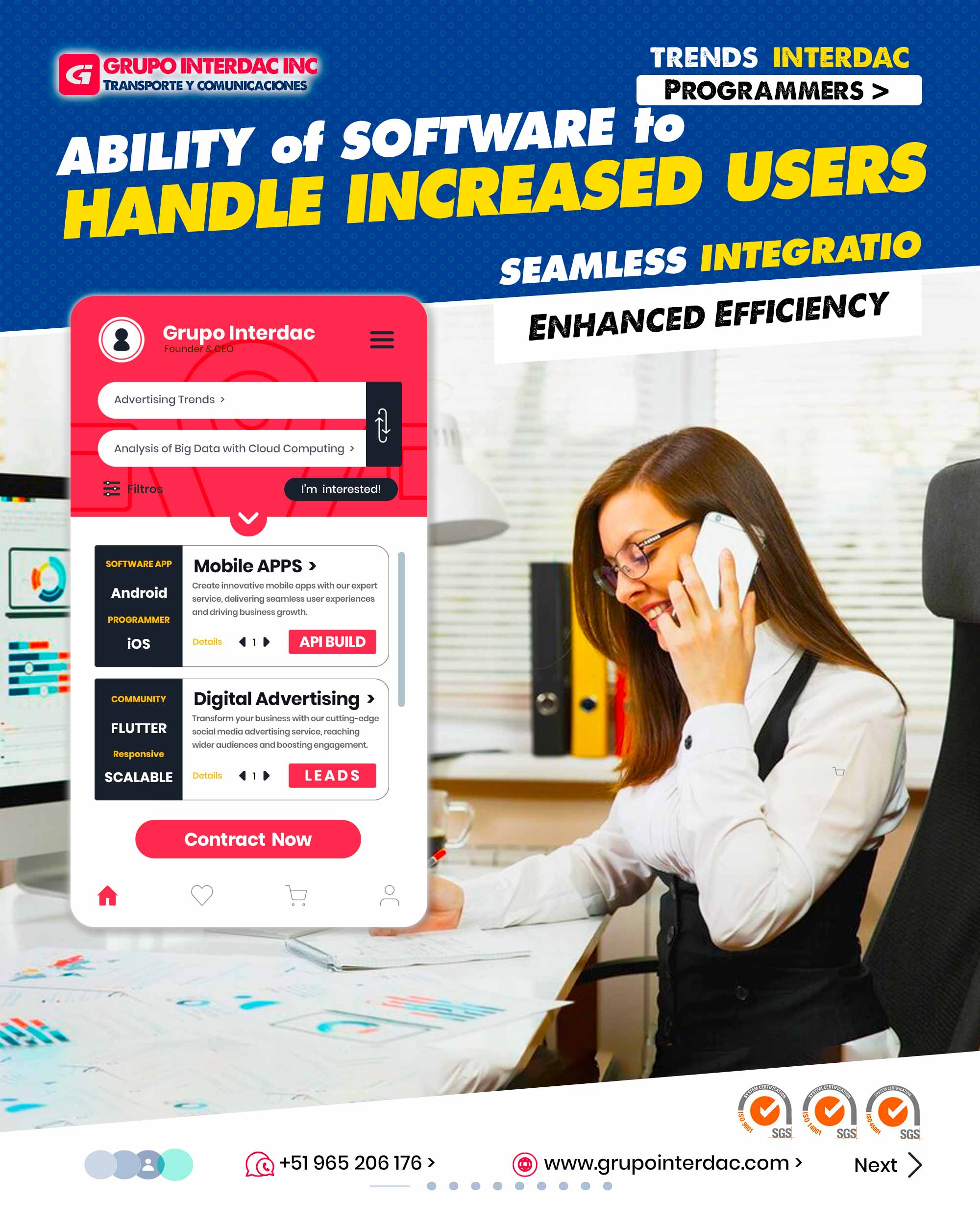 Gestión de contratos: Almacenamiento y seguimiento de contratos y acuerdos empresariales. Análisis de datos en tiempo real: Herramientas para realizar análisis y visualización de datos en tiempo real. Gestión de relaciones con proveedores: Administración de proveedores y seguimiento de compras y pedidos. Soporte al cliente: Funcionalidades para gestionar solicitudes de clientes y brindar un servicio de soporte eficiente. Seguimiento de inventario en tiempo real: Control en tiempo real de los niveles de inventario y movimientos de stock. Integración con sistemas ERP: Integración con sistemas de planificación de recursos empresariales para una gestión unificada. Gestión de activos: Seguimiento y mantenimiento de activos físicos y equipos de la empresa. Gestión de cumplimiento: Herramientas para garantizar el cumplimiento de regulaciones y estándares de la industria. La empresa Grupo Interdac Inc tiene un compromiso ambiental sostenible para la optimización de recursos naturales a través de herramientas computacionales en beneficio del planeta. Nuestra empresa es lider en creación de herramientas digitales para empresas transnacionales dedicadas al sector industria y de recolección y transporte de residuos solidos.