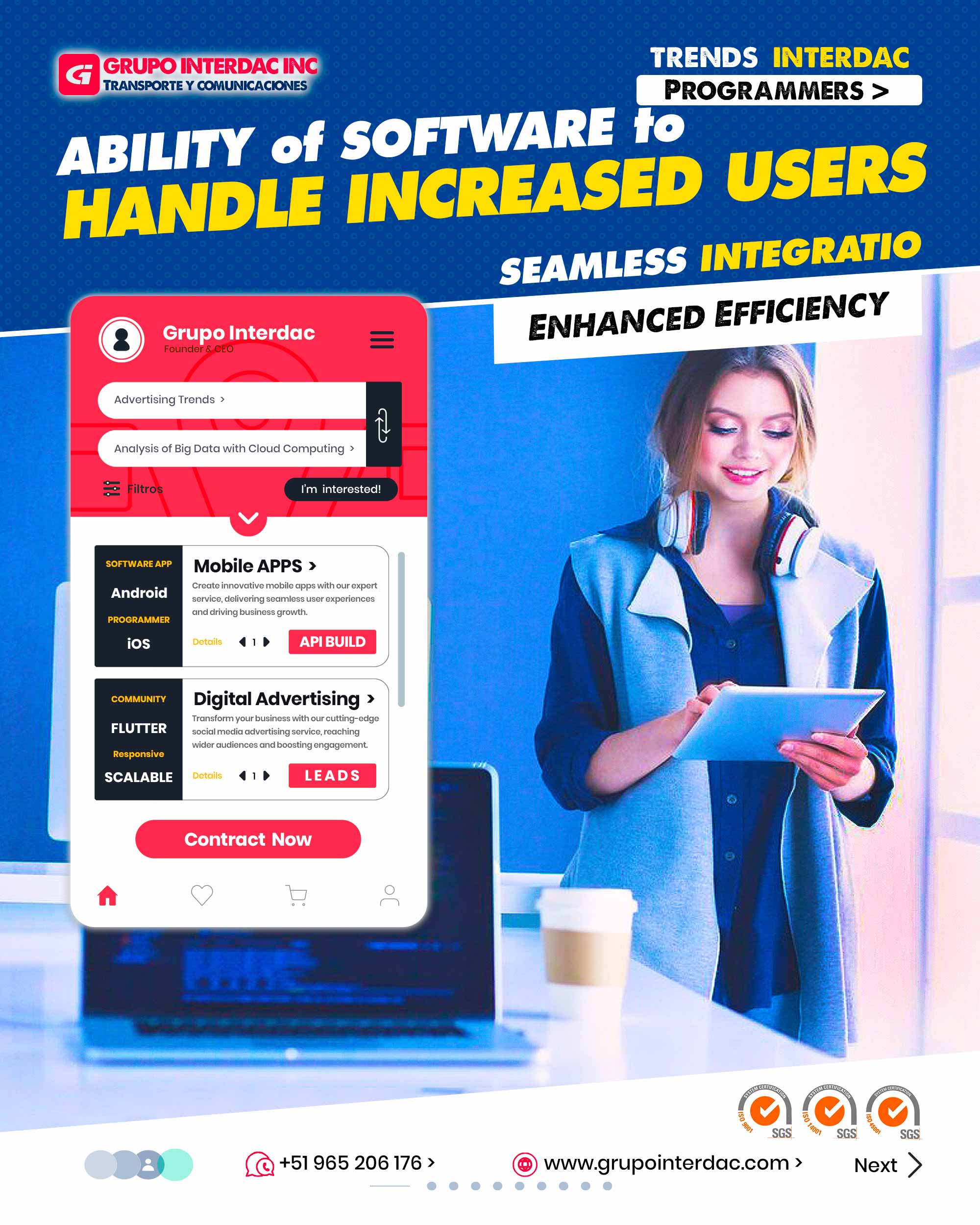 Gestión de activos: Seguimiento y mantenimiento de activos físicos y equipos de la empresa. Gestión de cumplimiento: Herramientas para garantizar el cumplimiento de regulaciones y estándares de la industria. Gestión de flotas y logística: Optimización de rutas y seguimiento de vehículos para la logística empresarial. Gestión de la cadena de suministro: Control de la cadena de suministro, desde la adquisición hasta la entrega final. Portal del cliente: Plataforma para que los clientes accedan a información y servicios de manera segura. Gestión de riesgos: Identificación y evaluación de riesgos empresariales y medidas de mitigación. Análisis de competencia: Herramientas para analizar a la competencia y mejorar la estrategia empresarial. Inteligencia artificial: Integración de capacidades de inteligencia artificial para optimizar procesos y tomar decisiones informadas. Estas características proporcionan a las empresas una base sólida para mejorar la eficiencia, productividad y competitividad en el entorno empresarial actual. La empresa Grupo Interdac Inc tiene un compromiso ambiental sostenible para la optimización de recursos naturales a través de herramientas computacionales en beneficio del planeta. Nuestra empresa es lider en creación de herramientas digitales para empresas transnacionales dedicadas al sector industria y de recolección y transporte de residuos solidos.