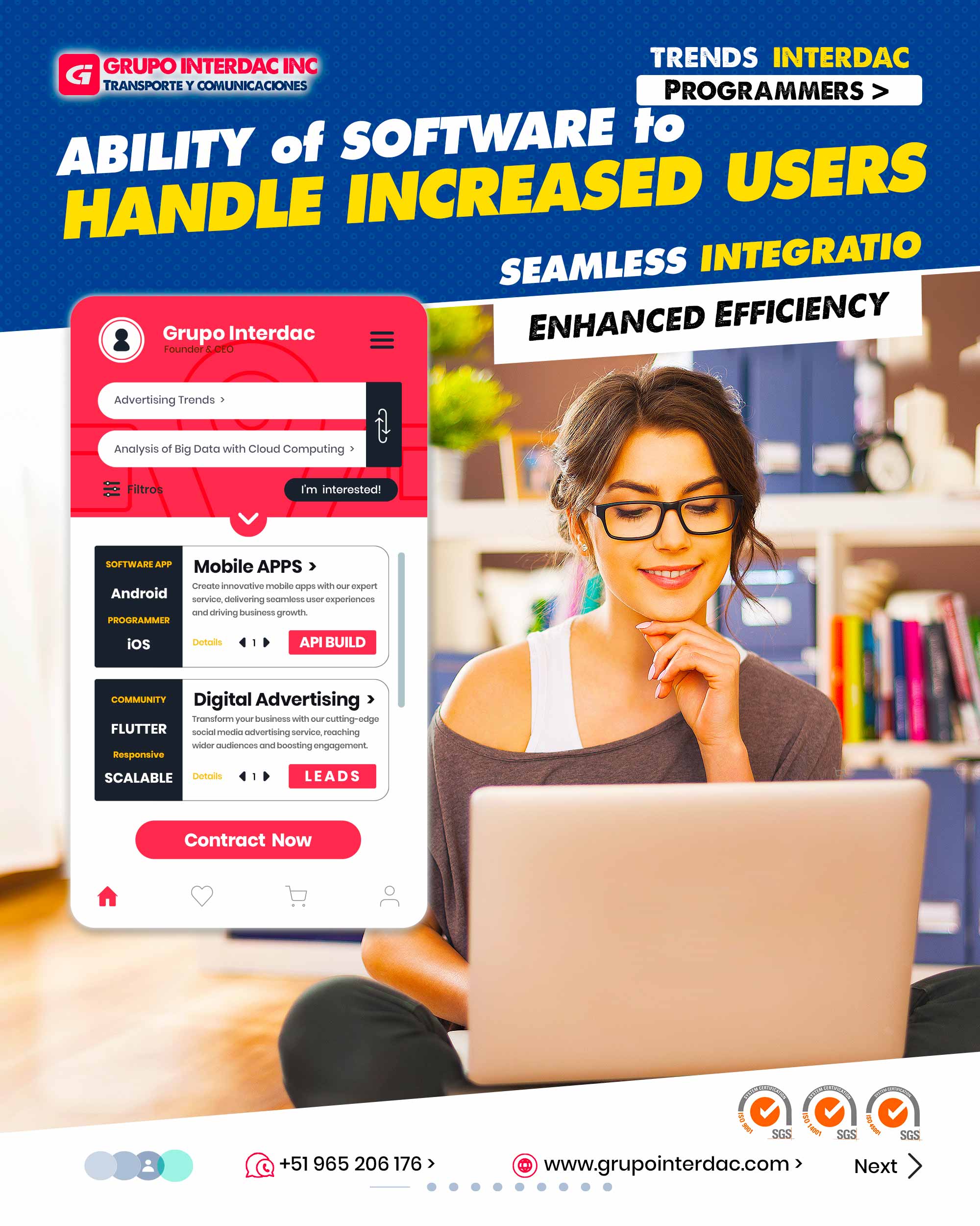 Gestión de recursos humanos: Funcionalidades para administrar procesos de contratación, nóminas y desarrollo del personal. Colaboración en tiempo real: Herramientas para facilitar la colaboración y comunicación entre equipos y departamentos. Gestión de proyectos: Seguimiento y administración de proyectos, asignación de tareas y recursos. Portal del cliente: Plataforma para que los clientes accedan a información y servicios de manera segura. Gestión de riesgos: Identificación y evaluación de riesgos empresariales y medidas de mitigación. Análisis de competencia: Herramientas para analizar a la competencia y mejorar la estrategia empresarial. Inteligencia artificial: Integración de capacidades de inteligencia artificial para optimizar procesos y tomar decisiones informadas. Gestión de contratos: Almacenamiento y seguimiento de contratos y acuerdos empresariales. Análisis de datos en tiempo real: Herramientas para realizar análisis y visualización de datos en tiempo real. Gestión de relaciones con proveedores: Administración de proveedores y seguimiento de compras y pedidos. Soporte al cliente: Funcionalidades para gestionar solicitudes de clientes y brindar un servicio de soporte eficiente. Seguimiento de inventario en tiempo real: Control en tiempo real de los niveles de inventario y movimientos de stock. La empresa Grupo Interdac Inc tiene un compromiso ambiental sostenible para la optimización de recursos naturales a través de herramientas computacionales en beneficio del planeta. Nuestra empresa es lider en creación de herramientas digitales para empresas transnacionales dedicadas al sector industria y de recolección y transporte de residuos solidos.