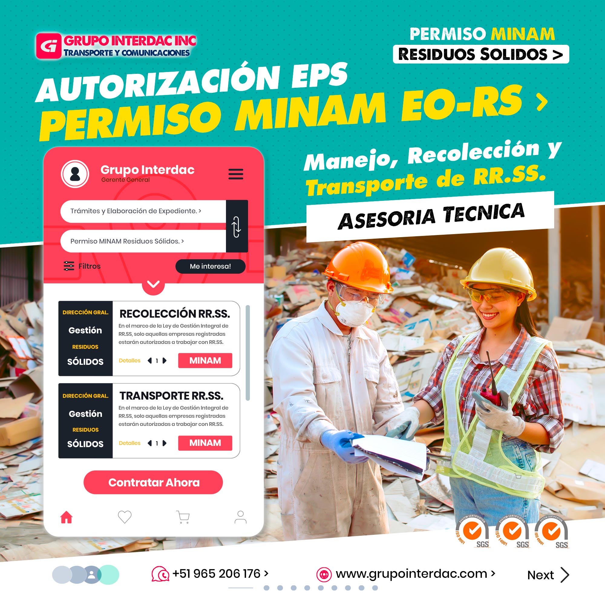 Grupo Interdac Inc tiene un compromiso ambiental sostenible para la optimización de recursos naturales a través de herramientas computacionales en beneficio del planeta. Nuestra empresa es lider en creación de herramientas digitales para empresas transnacionales dedicadas al sector de recolección y transporte de residuos solidos. Trinorma: Apoyamos a las empresas en la homologación de sus sistemas de gestión integrados en calidad, seguridad y salud ocupacional, y medio ambiente, garantizando el cumplimiento de estándares reconocidos. Uso de vehículos sostenibles: La empresa se compromete a utilizar vehículos de transporte sostenibles, como aquellos que funcionan con combustibles limpios o que están equipados con tecnologías de reducción de emisiones.