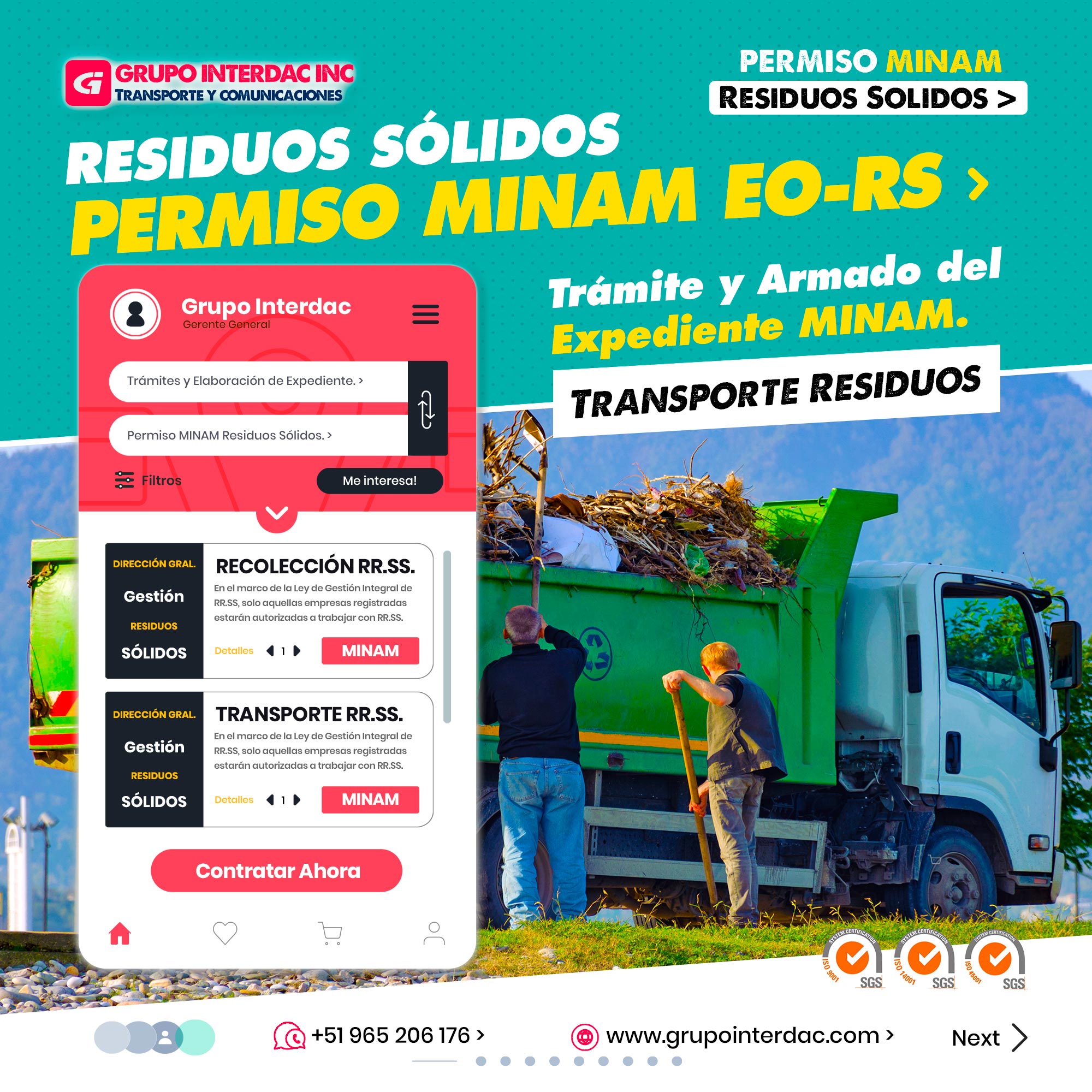 Grupo Interdac Inc tiene un compromiso ambiental sostenible para la optimización de recursos naturales a través de herramientas computacionales en beneficio del planeta. Nuestra empresa es lider en creación de herramientas digitales para empresas transnacionales dedicadas al sector de recolección y transporte de residuos solidos. Importación y Exportación: Brindamos servicios de importación y exportación, asegurando el cumplimiento de las normativas aduaneras y el transporte eficiente y seguro de tus productos a nivel nacional e internacional. Tratamiento y valorización de residuos: La empresa busca implementar prácticas de tratamiento y valorización de residuos sólidos, como el reciclaje, compostaje o la recuperación de energía, para reducir la cantidad de desechos enviados a rellenos sanitarios.