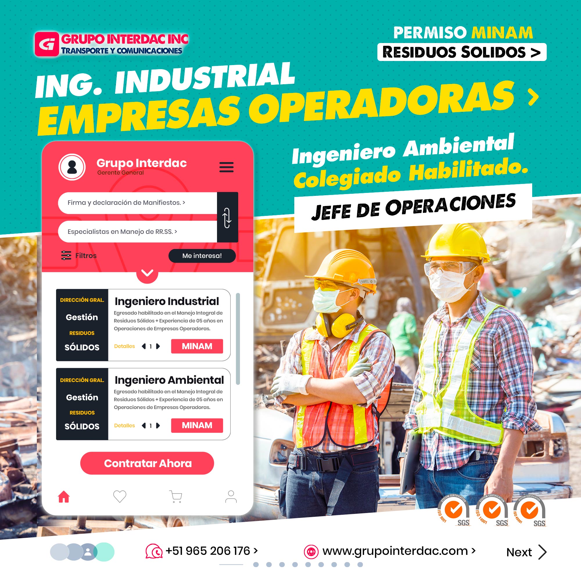 Grupo Interdac Inc tiene un compromiso ambiental sostenible para la optimización de recursos naturales a través de herramientas computacionales en beneficio del planeta. Nuestra empresa es lider en creación de herramientas digitales para empresas transnacionales dedicadas al sector de recolección y transporte de residuos solidos. Conocimiento especializado: Un ingeniero técnico en el manejo de residuos sólidos tiene el conocimiento y experiencia necesarios para comprender las regulaciones y normativas ambientales relacionadas con el transporte de residuos, lo que garantiza el cumplimiento de las leyes y evita sanciones. Planificación y gestión: El ingeniero técnico puede desarrollar planes y estrategias para el transporte seguro y eficiente de los residuos sólidos, asegurando que se sigan los procedimientos adecuados y se optimice la logística.