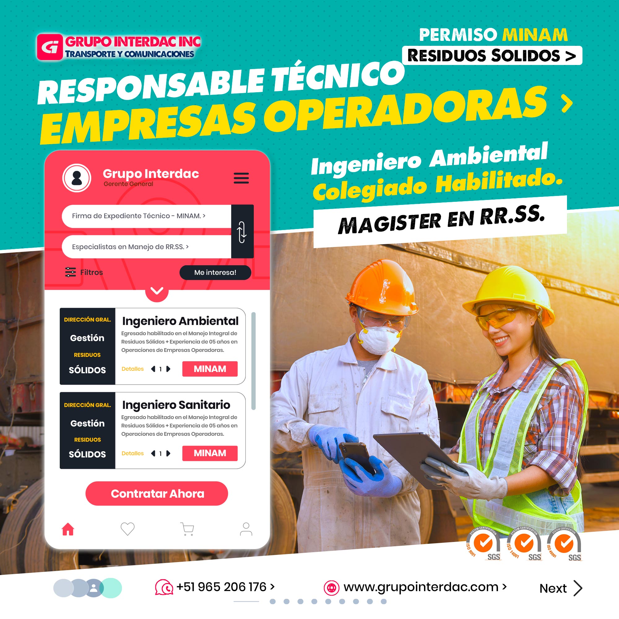 Grupo Interdac Inc tiene un compromiso ambiental sostenible para la optimización de recursos naturales a través de herramientas computacionales en beneficio del planeta. Nuestra empresa es lider en creación de herramientas digitales para empresas transnacionales dedicadas al sector de recolección y transporte de residuos solidos. Comunicación con autoridades: El ingeniero puede interactuar con las autoridades y entidades reguladoras, facilitando el proceso de obtención de permisos y licencias. Responsabilidad ambiental: Contar con un ingeniero técnico responsable demuestra el compromiso de la empresa con el cuidado del medio ambiente y la sostenibilidad, lo que puede generar una buena reputación y confianza entre los clientes y la comunidad. Tener un ingeniero técnico responsable en una empresa de transporte de residuos sólidos es una ventaja significativa que garantiza la gestión adecuada y segura de los residuos, cumpliendo con las regulaciones ambientales y protegiendo la salud pública y el entorno natural.