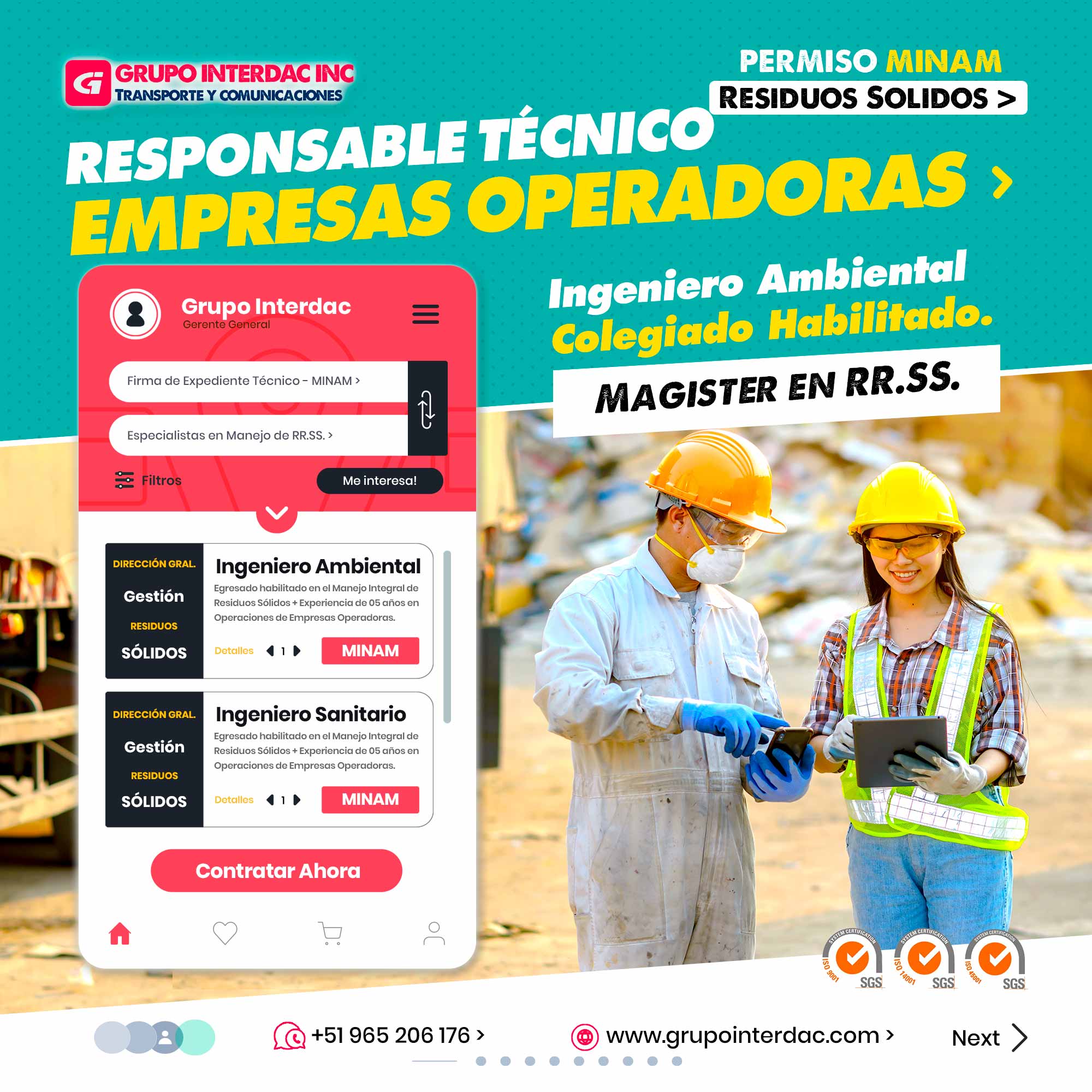 Grupo Interdac Inc tiene un compromiso ambiental sostenible para la optimización de recursos naturales a través de herramientas computacionales en beneficio del planeta. Nuestra empresa es lider en creación de herramientas digitales para empresas transnacionales dedicadas al sector de recolección y transporte de residuos solidos. Uso eficiente de recursos: La experiencia del ingeniero en la gestión de residuos sólidos permite optimizar el uso de recursos como combustible y tiempo, reduciendo costos operativos. Seguimiento y control: Un ingeniero puede implementar sistemas de seguimiento y monitoreo para supervisar las operaciones de transporte, asegurando el cumplimiento de los planes establecidos. Innovación y mejora continua: Un ingeniero técnico puede proponer nuevas tecnologías y prácticas para mejorar la eficiencia y sostenibilidad del transporte de residuos sólidos.